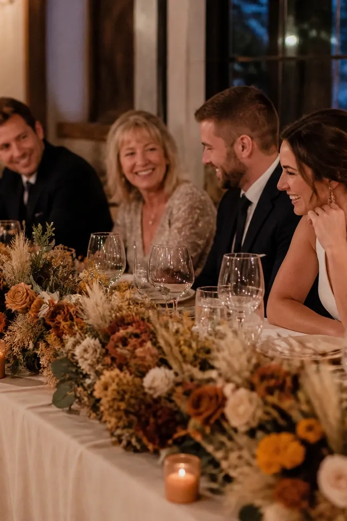 Low dried flower garland running along the edge of a head table