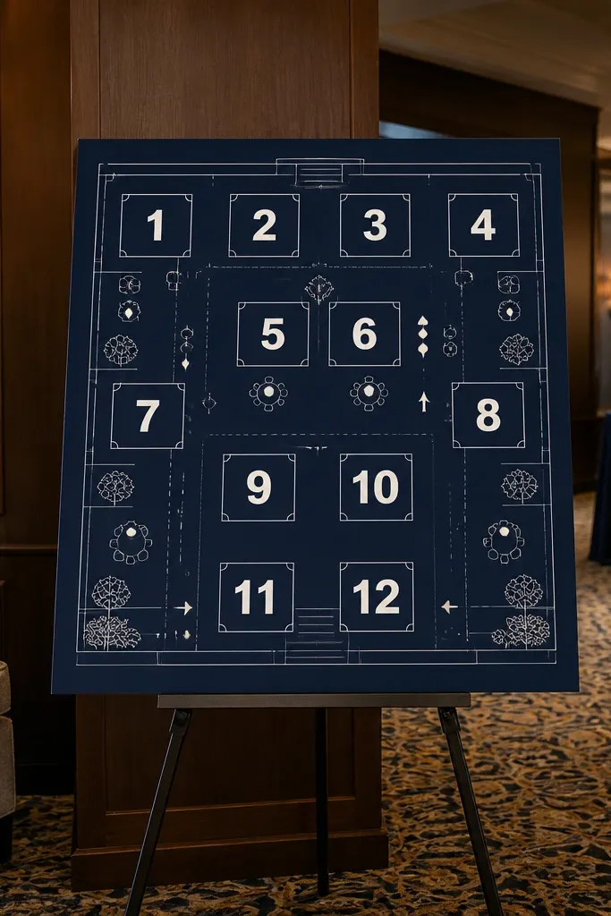 Large seating grid map with bold table numbers and simple icons for families