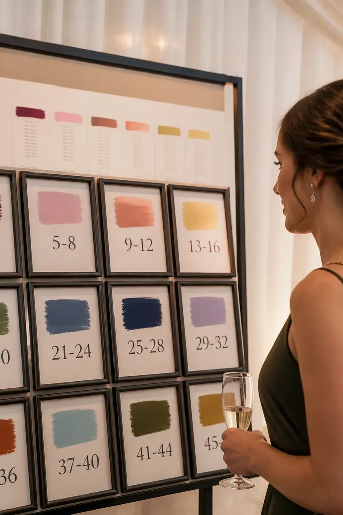Seating chart sign with small frames showing family initials and table numbers