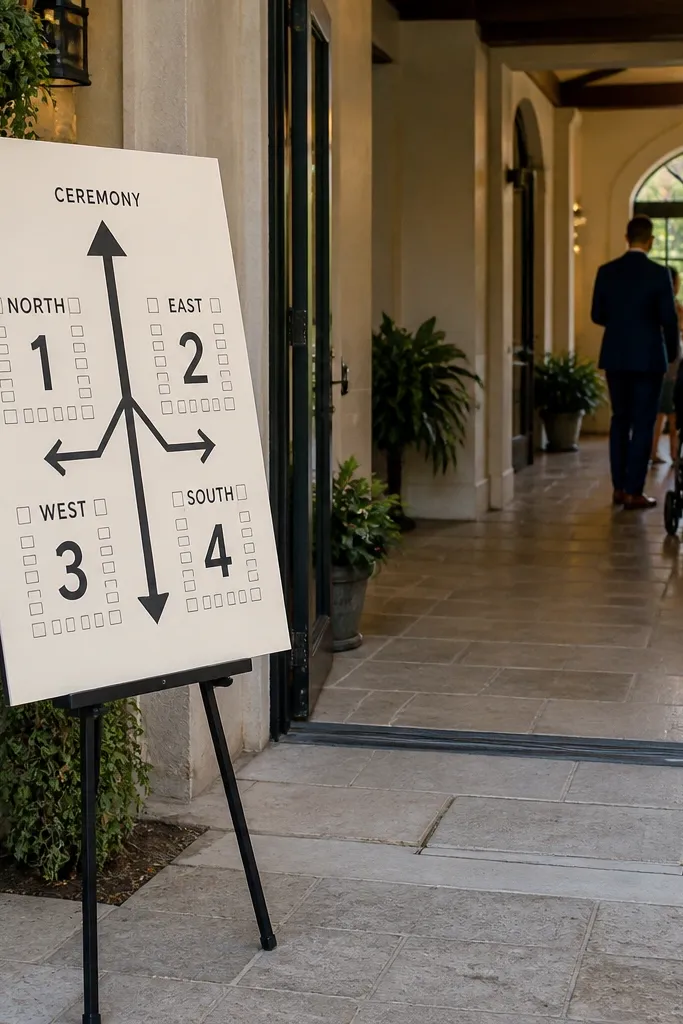 Seating chart showing arrows labeled with table ranges and direction cues