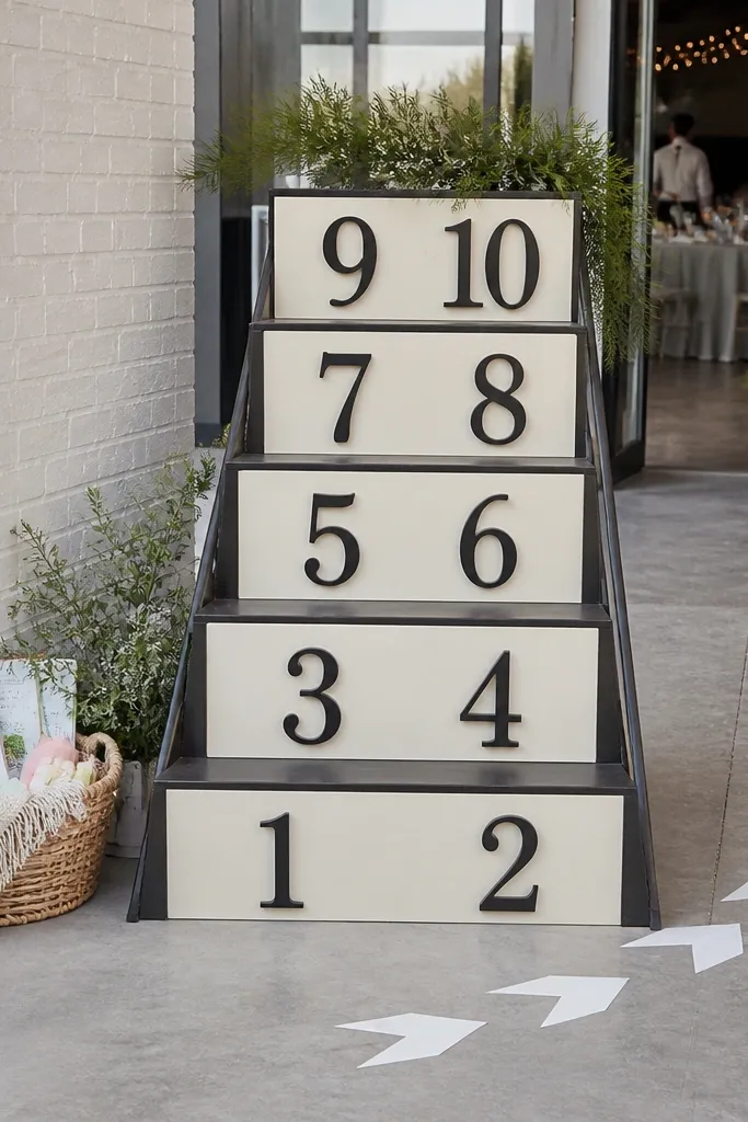 Stair-step seating chart sign with table numbers arranged in steps and pod labels