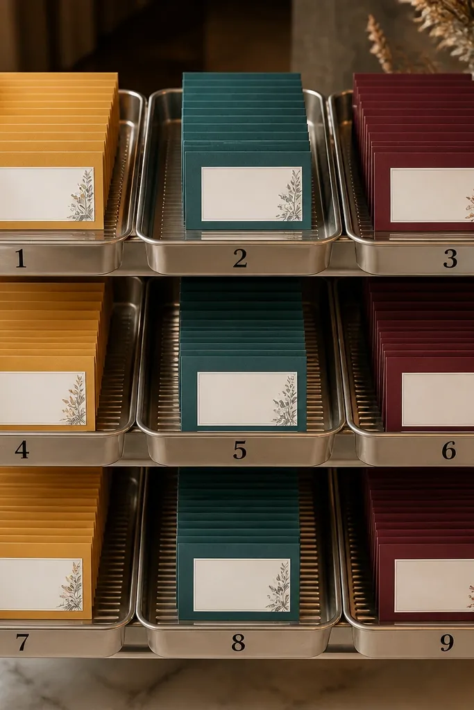Numbered trays holding place cards labeled by family pod