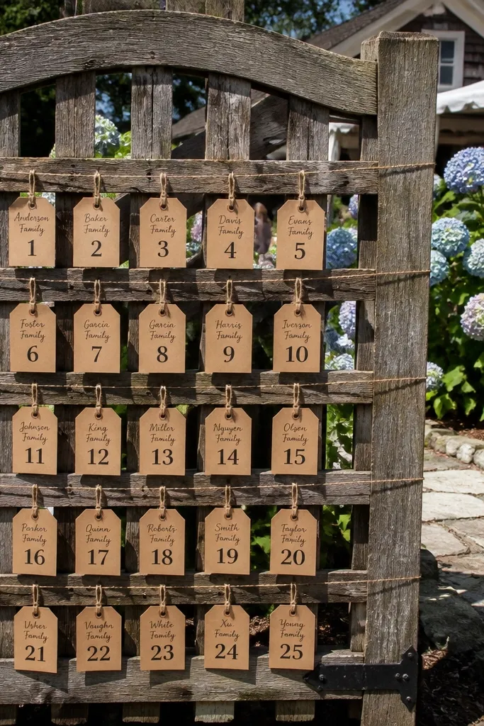 Garden gate-style frame with hanging tags labeled by table and family pods