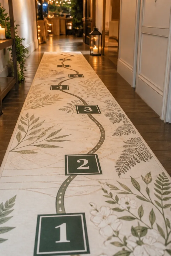 Long fabric runner with printed table numbers and pod labels aligned in a path