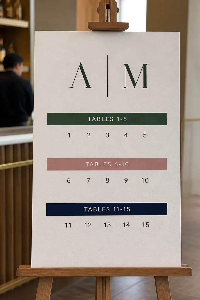 Seating chart sign with large monogram initials and banded table numbers