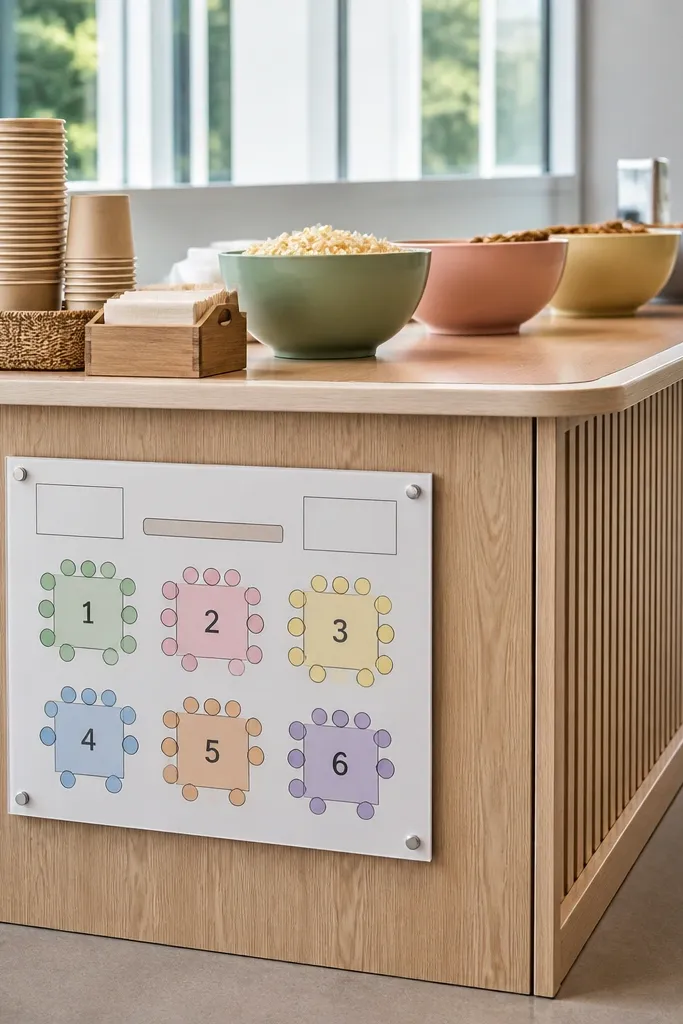 Snack station sign with small seating map and table numbers nearby
