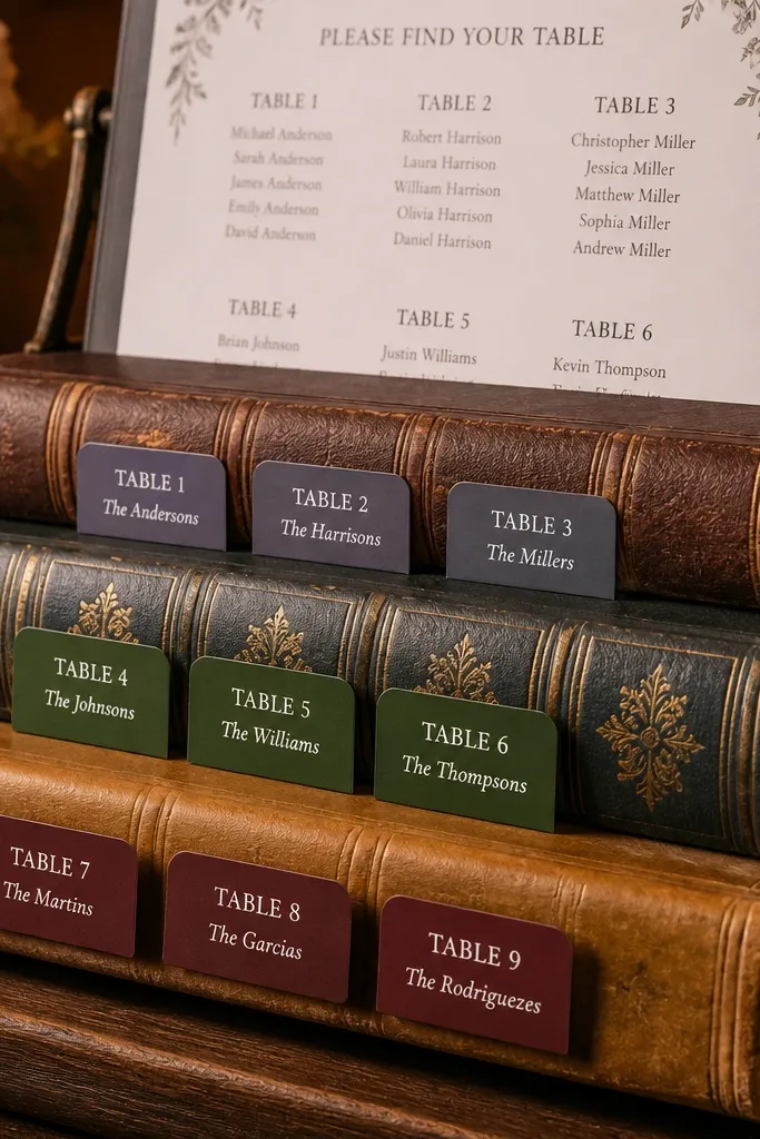 Stack of large vintage books with table number tabs forming a seating chart