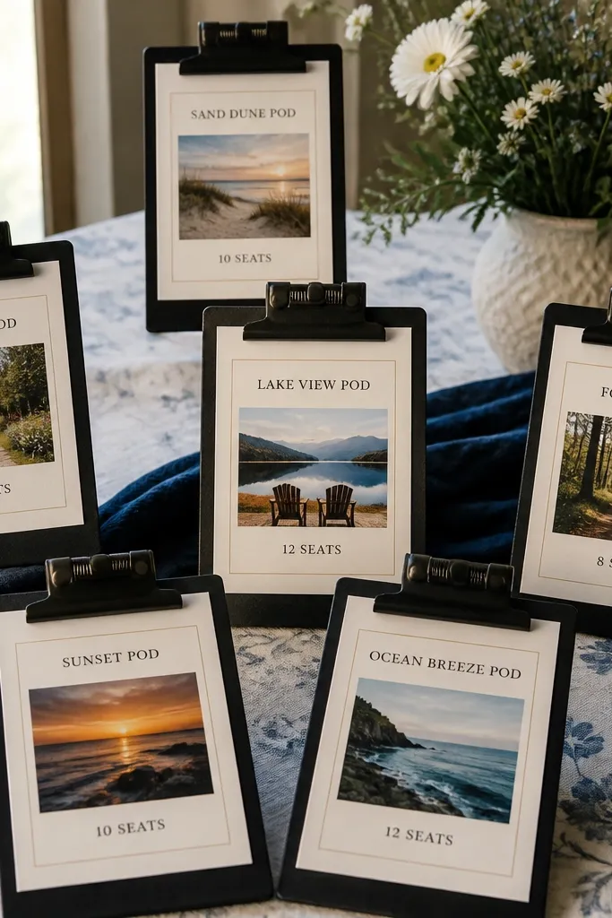 Seating chart displayed on clipboards with separate table cards for guest pods