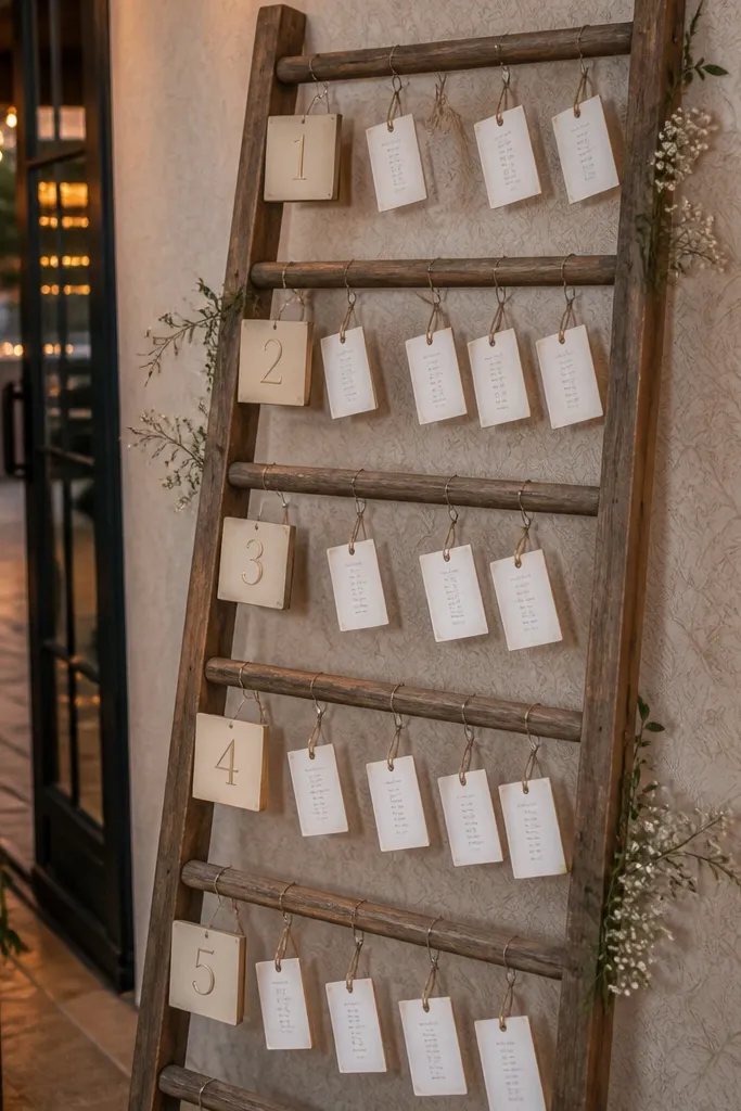 Ladder display with hanging place cards labeled by table and family pods