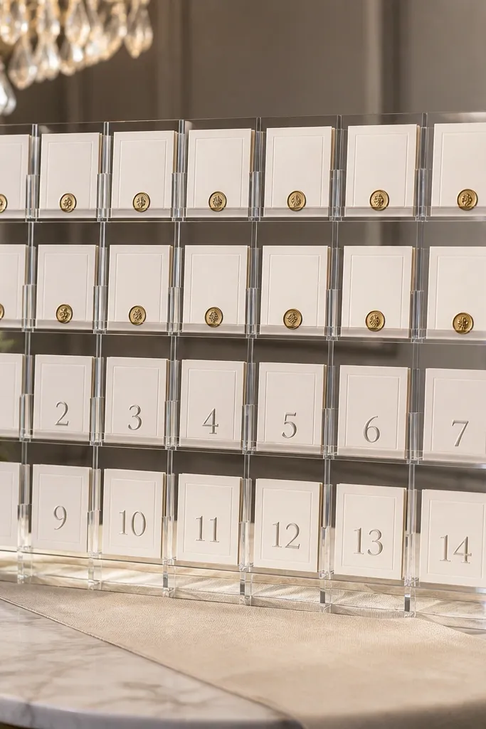 Acrylic grid display holding escort cards arranged in neat rows by table