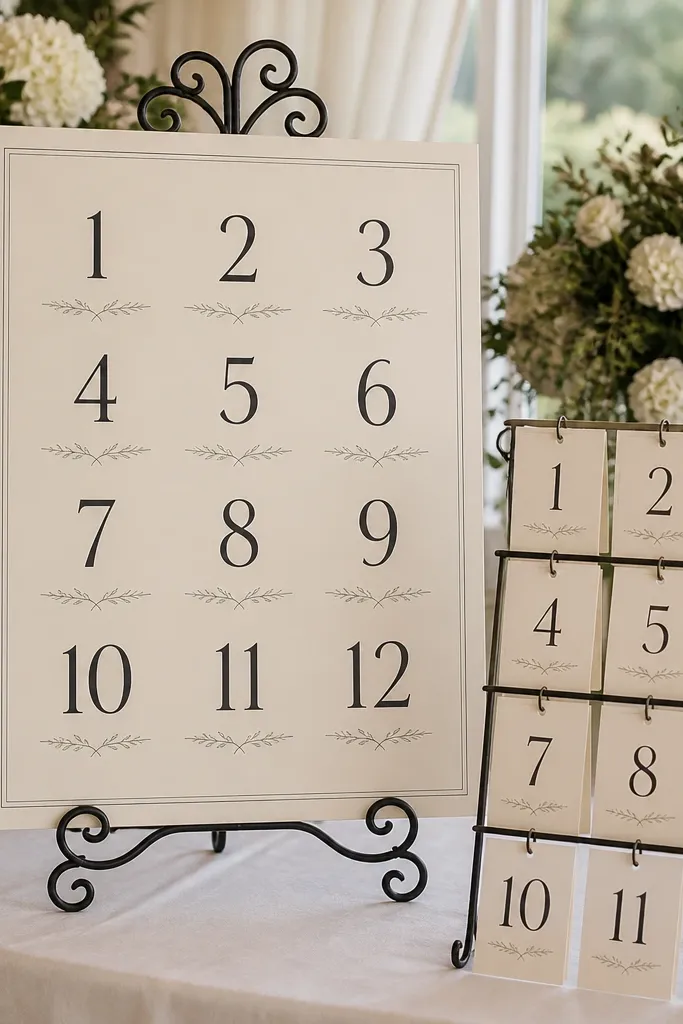 Seating chart sign with matching place tags for each table number and pod label