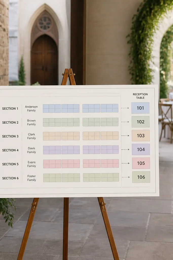Seating map that mirrors ceremony row lines with family pod labels and table numbers
