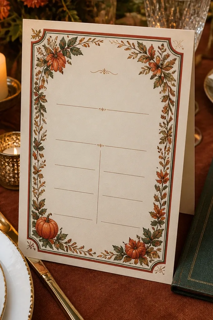 Menu card style seating chart with table numbers and family pod assignments