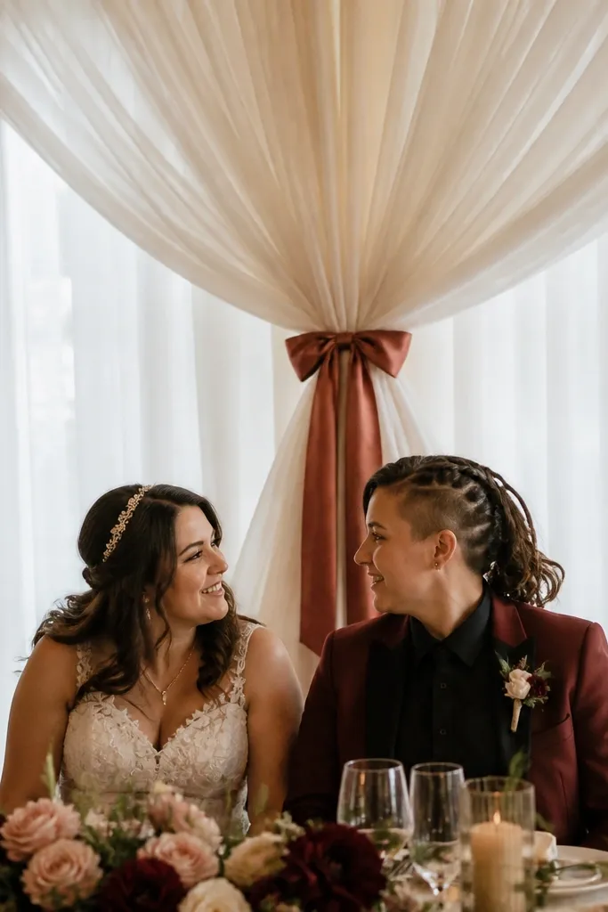 White sheer curtains behind a sweetheart table with a satin ribbon tied at center