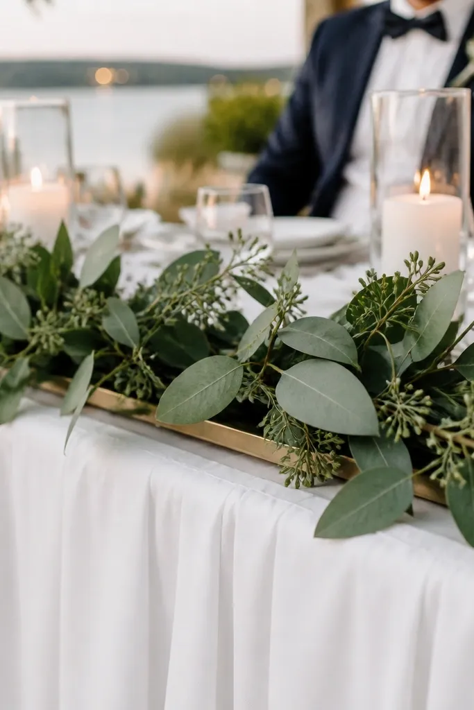 Green faux greenery garland laid low across the sweetheart table with weighted ends