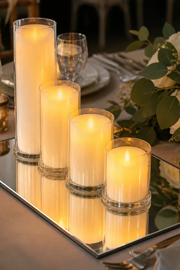 Rectangular mirror tray with candles of different heights on a sweetheart table