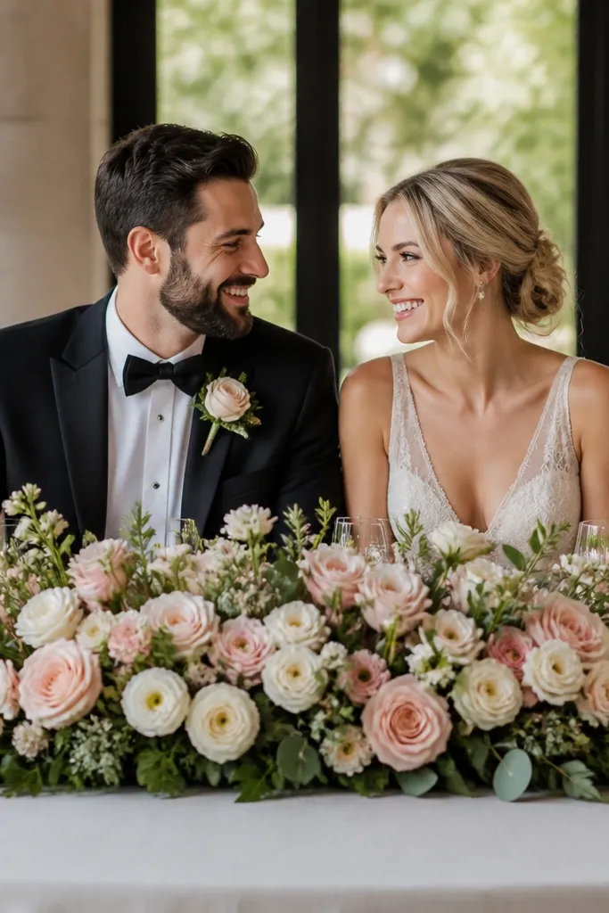 Blush and cream flowers arranged in a runner across the sweetheart table