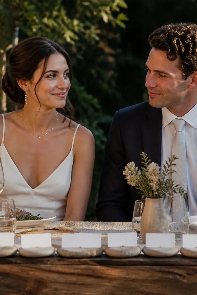 Small labeled stones and mini greenery at the edge of the sweetheart table
