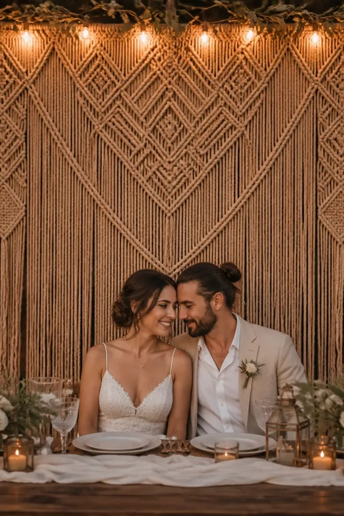 Woven rope backdrop behind sweetheart table with warm string lights