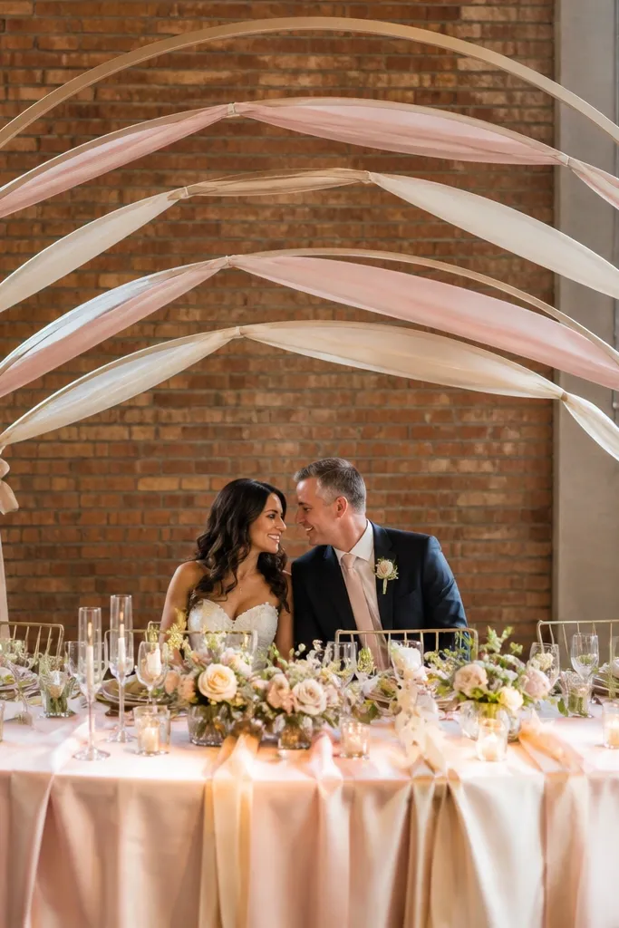 Ribbon and fabric arcs in blush and cream behind the sweetheart table