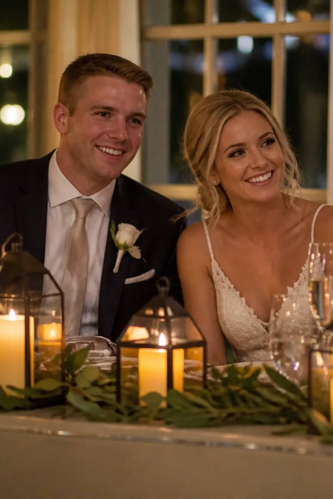 Small lanterns with candles sitting on a runner across the sweetheart table
