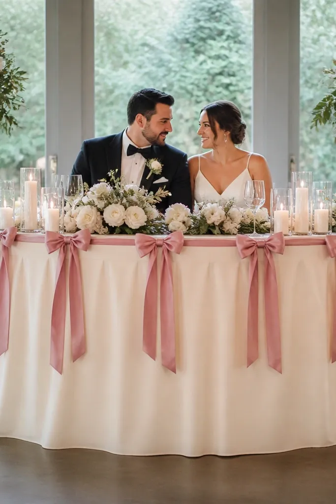 Ivory linen table skirt with a line of ribbon bows along the back edge