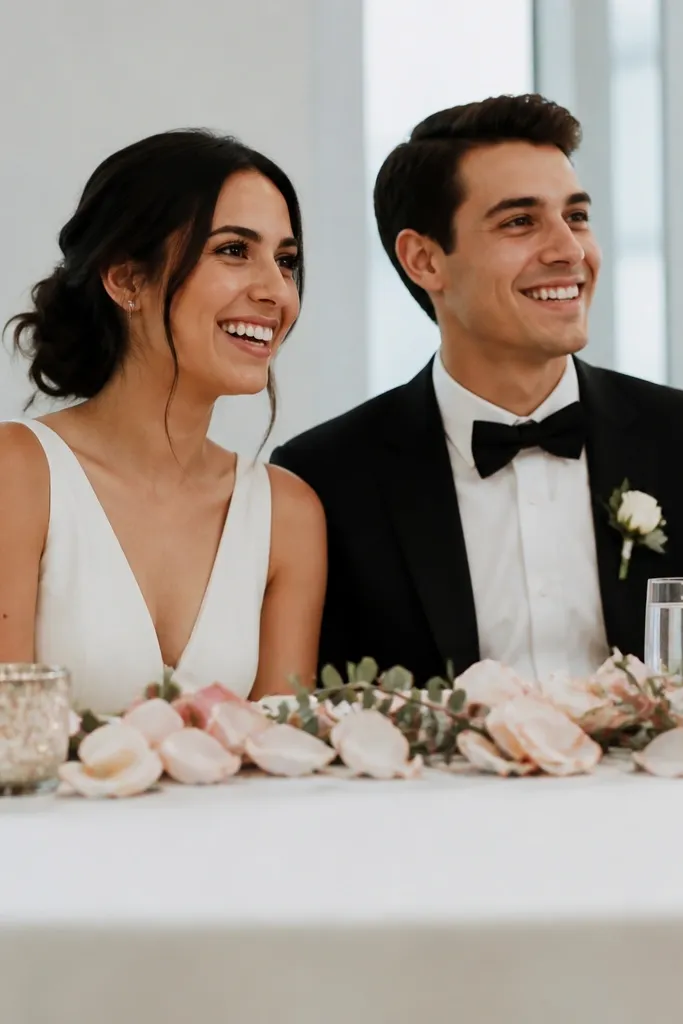 Low scatter of petals and greenery along the front edge of sweetheart table