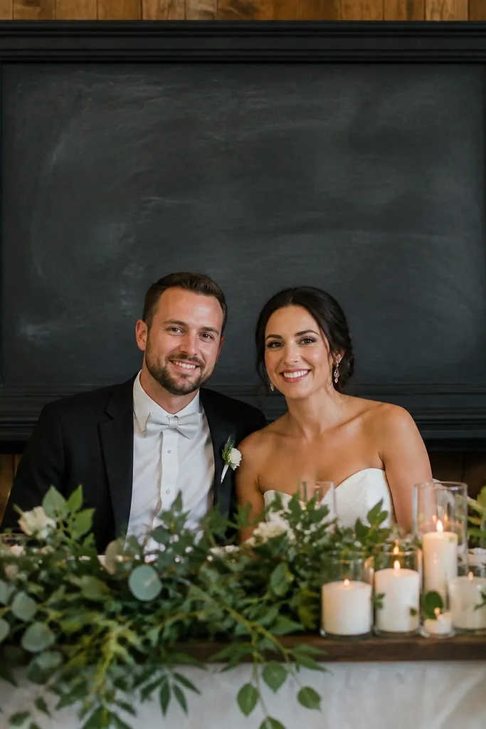 Small chalkboard menu sign behind sweetheart table with a dark wood frame