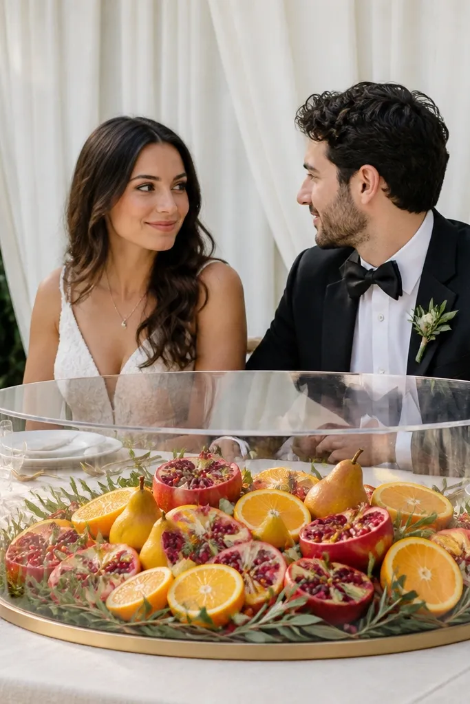 Platter of fruit with greenery on a sweetheart table centerpiece