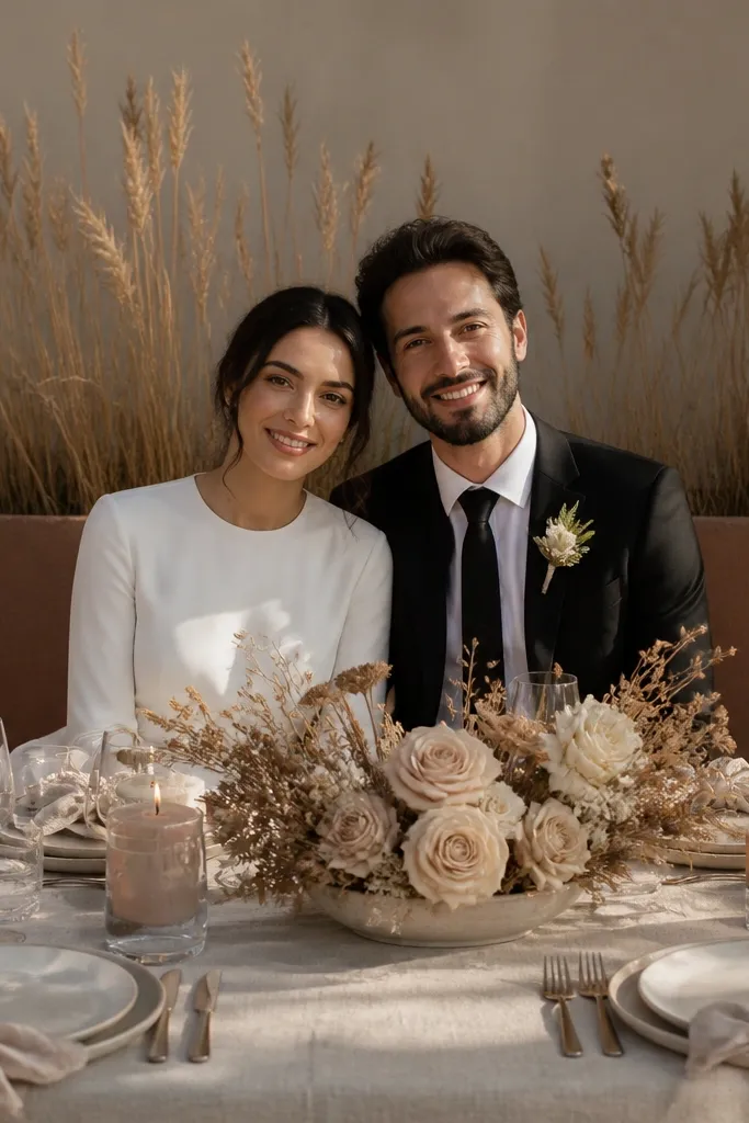 Tall feathery reed bundles in a planter behind the sweetheart table