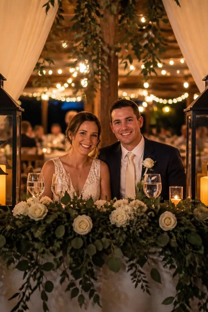 Two lanterns with initials and warm light behind a sweetheart table