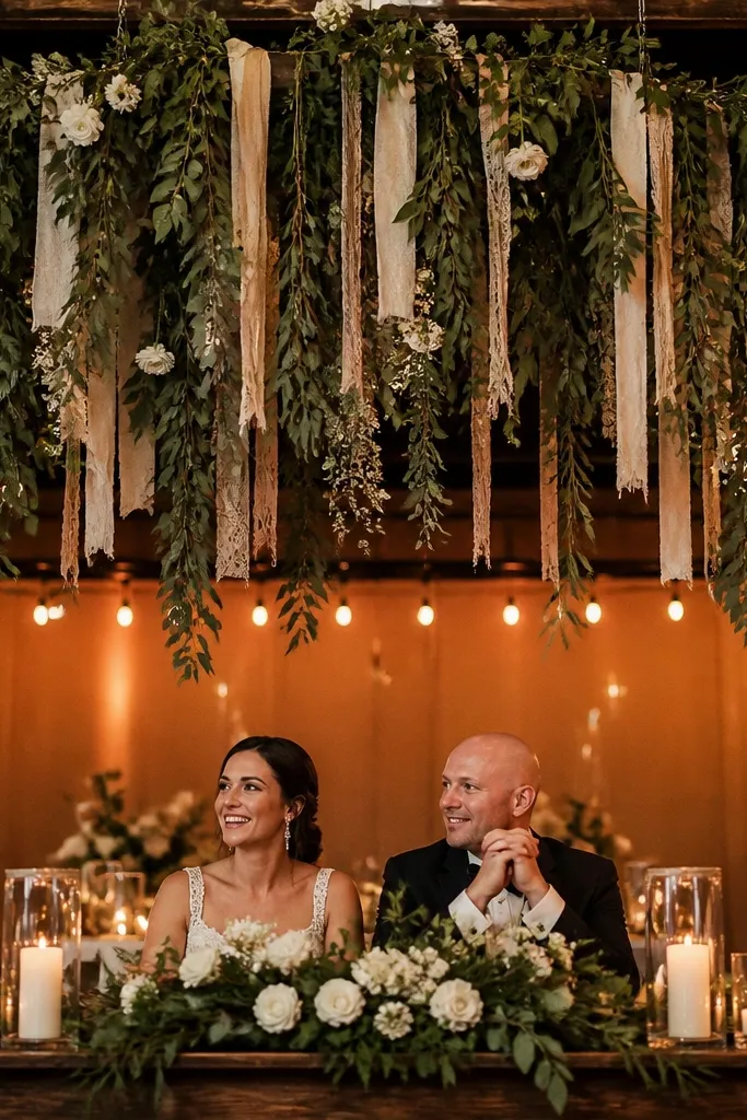 Garland hanging above sweetheart table with small blooms and greenery