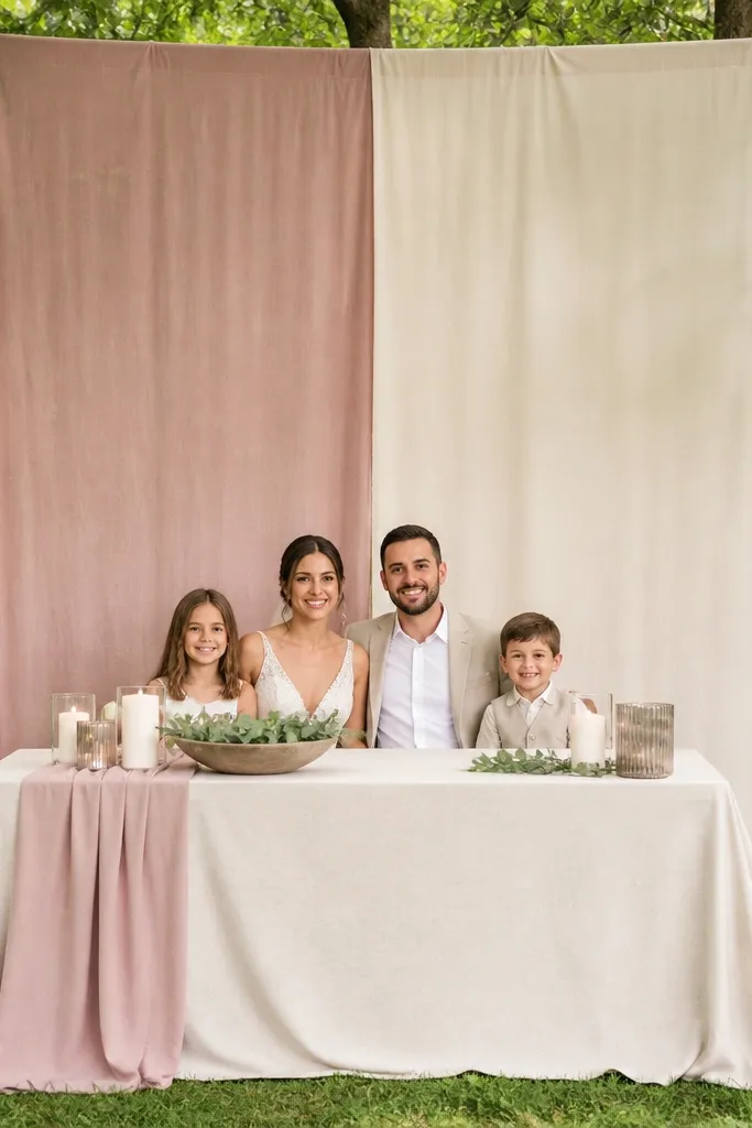 Two linen panels in blush and cream behind sweetheart table