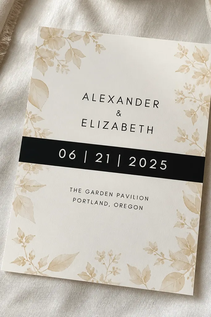 Cream card with watercolor edge, dark date bar, and soft floral accents