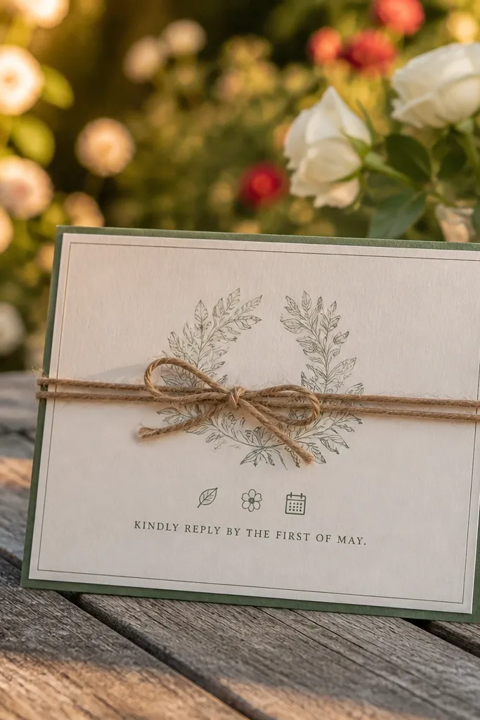 Ivory card with small garden icons and a large single-line RSVP sentence