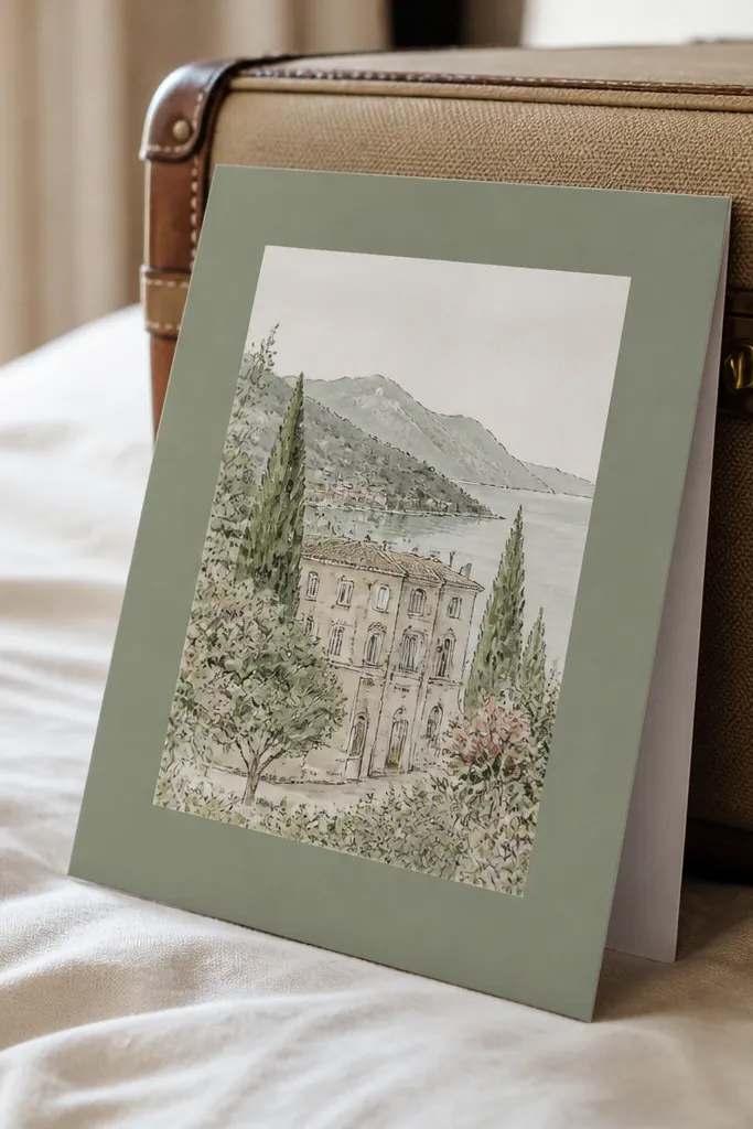 Matte cream card with a sage frame around a small scenic illustration and dark text