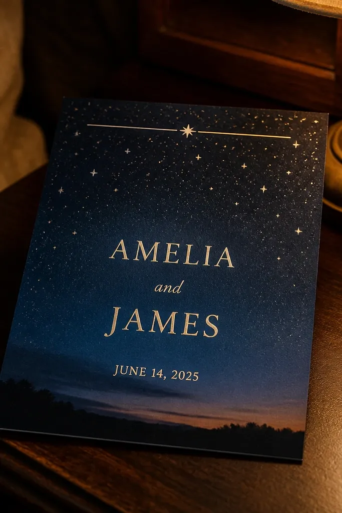 Deep navy card with subtle gradient and small gold star dots