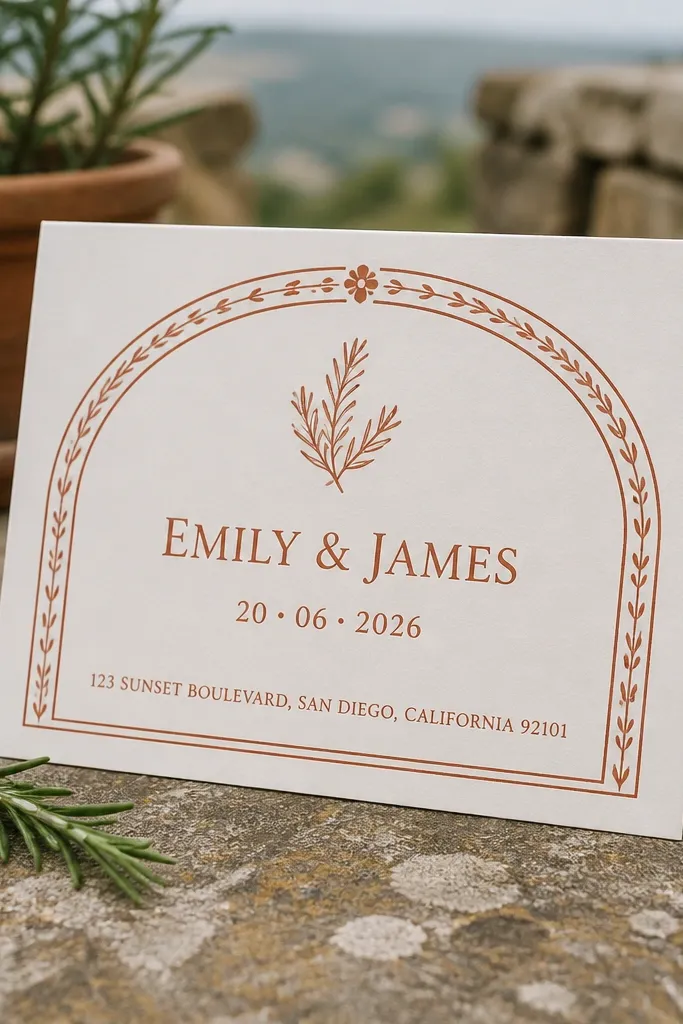 Warm terracotta arch border with cream background and dark text