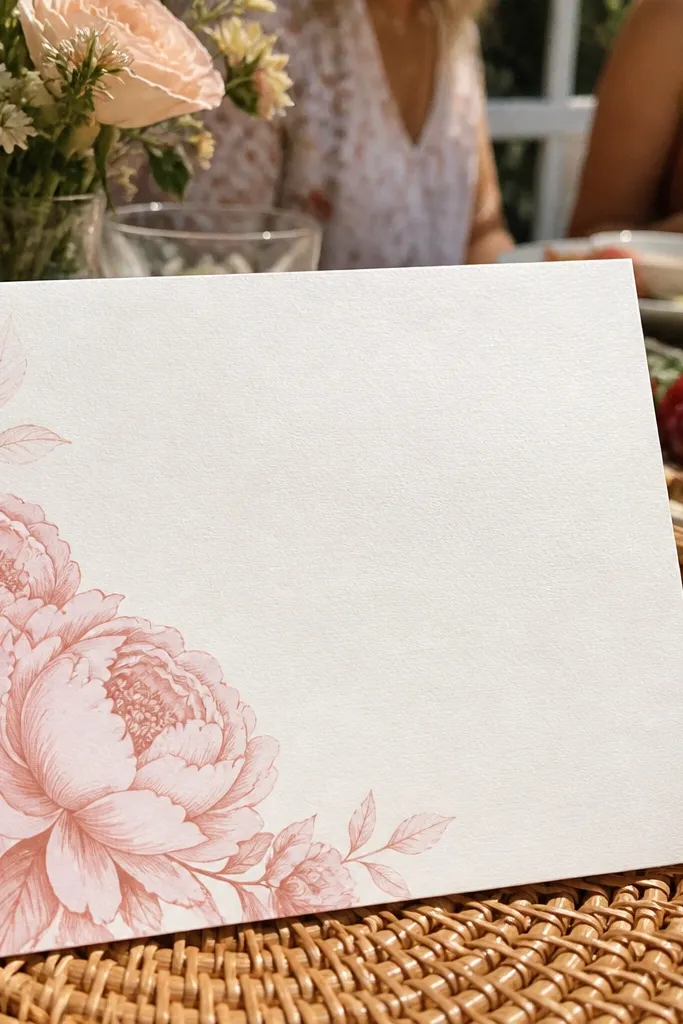 Blush card with peony flowers clustered in one corner and dark date text