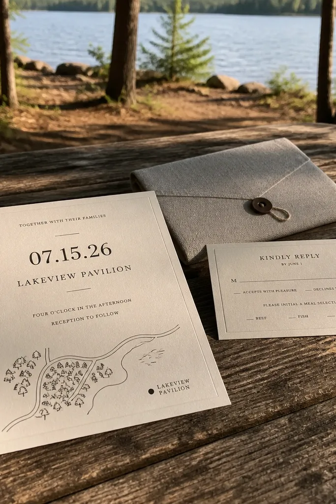 Cream card with a simple line map sketch and bold venue name