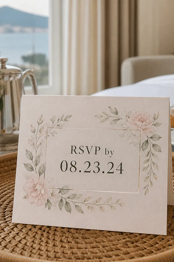 Ivory card with botanical frame and a large boxed RSVP-by date