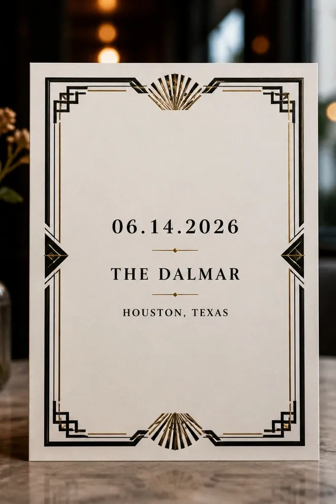 Black and cream art deco border with thin gold line accents and clear date text