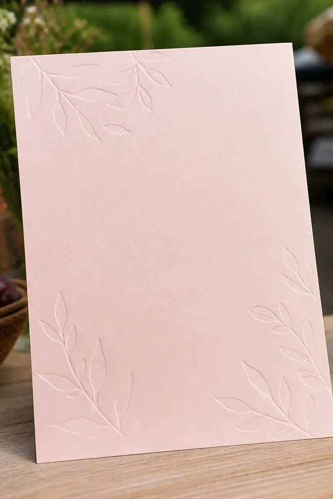 Blush card with subtle raised leaf emboss and dark modern typography