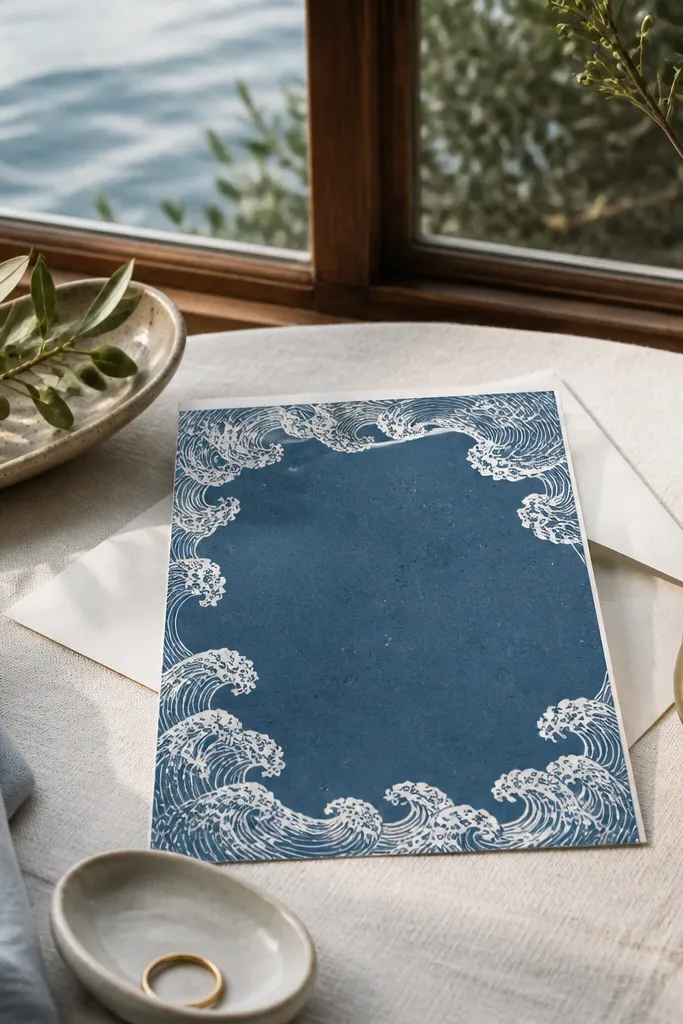 Lake blue card with white wave border and bold cream date lettering