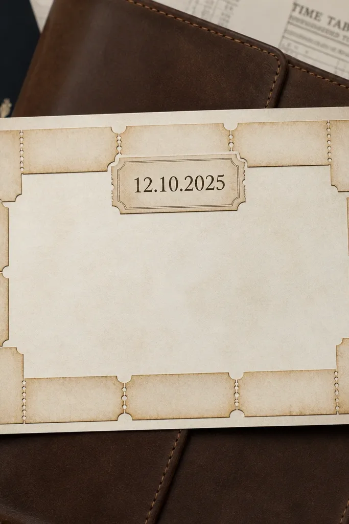 Cream card with vintage ticket stub border and a bold date cutout label