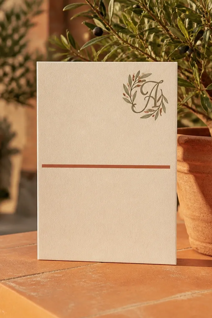 Cream card with olive botanical monogram in one corner and terracotta date line