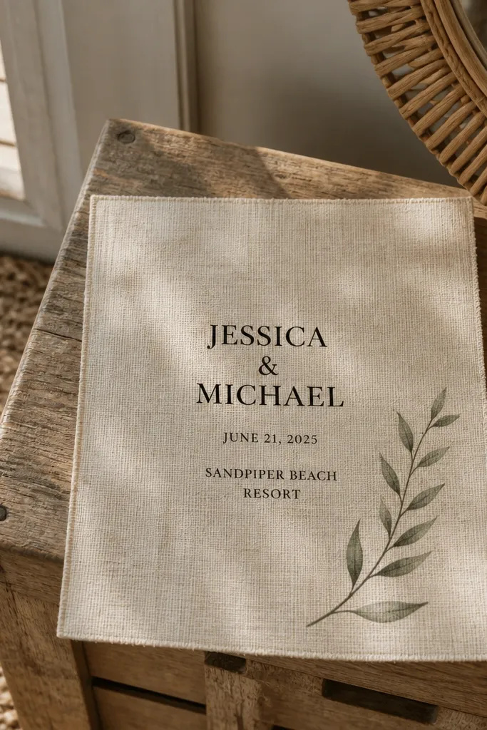 Cream linen-textured card with black serif typography and a small botanical sprig
