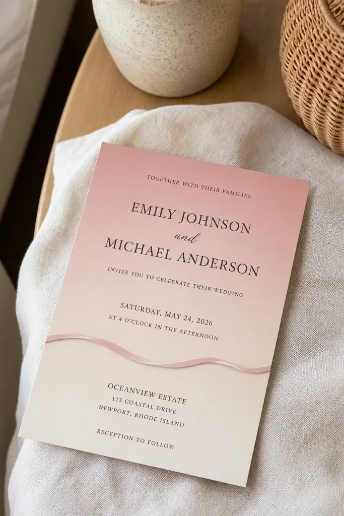 Blush ombre card with a ribbon-shaped divider and dark centered text