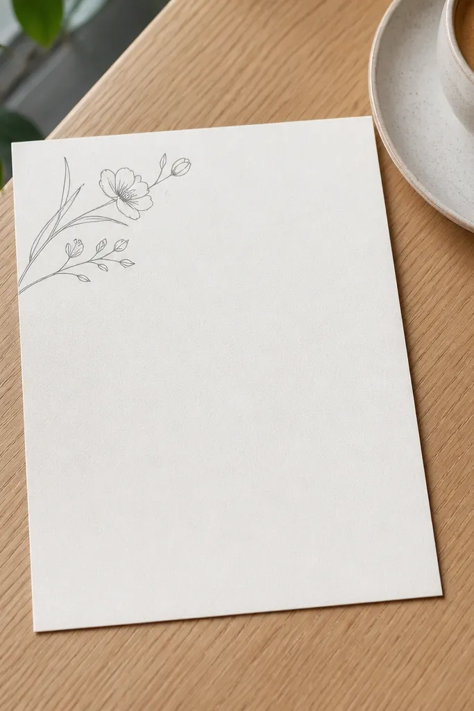 White card with thin monoline flowers and lots of empty space around dark text