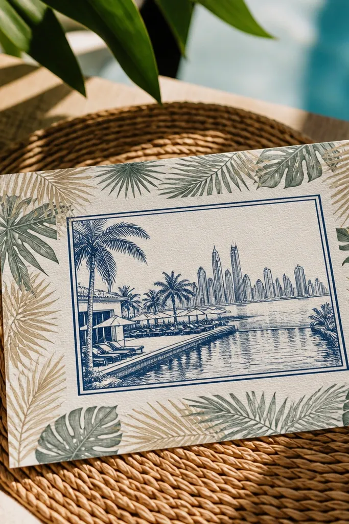 Cream card with tropical leaf frame and a bold location stamp in the center